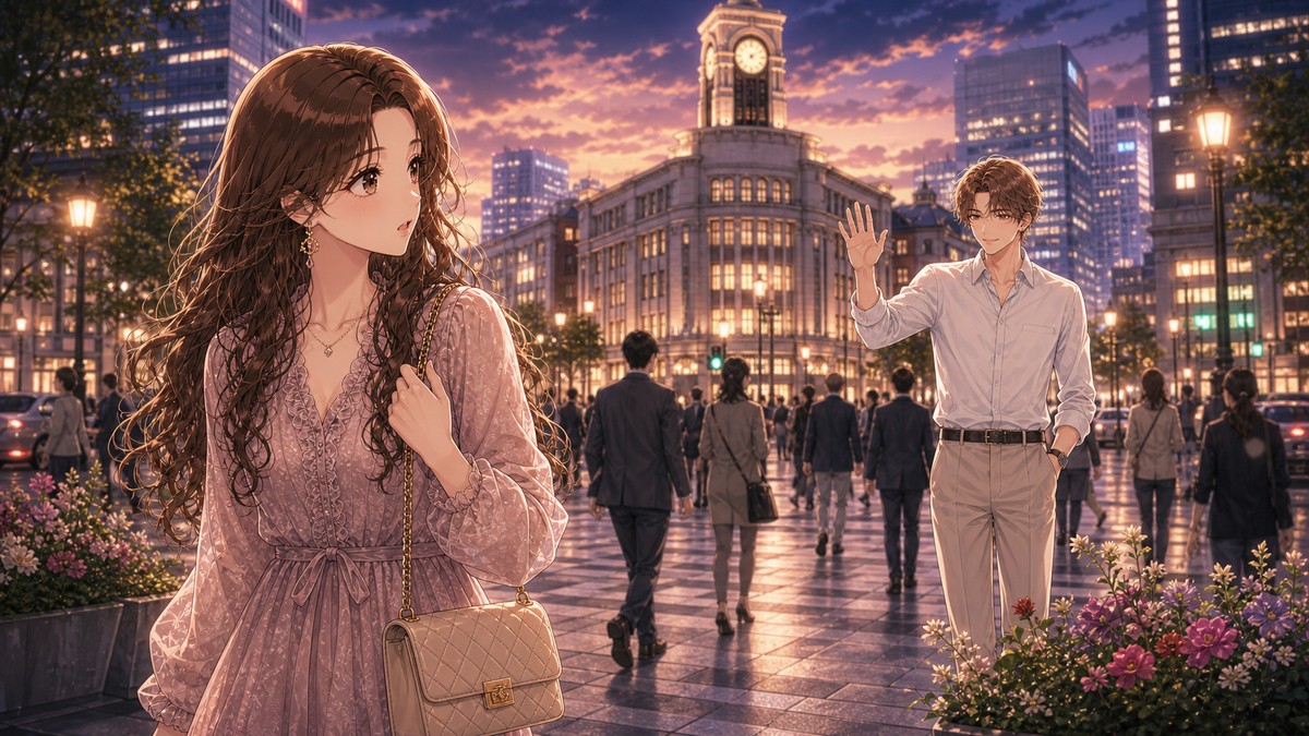 待ち合わせ：駅 or ホテルロビー、最初の3分が空気をつくるの世界観を表す少女漫画風イラスト